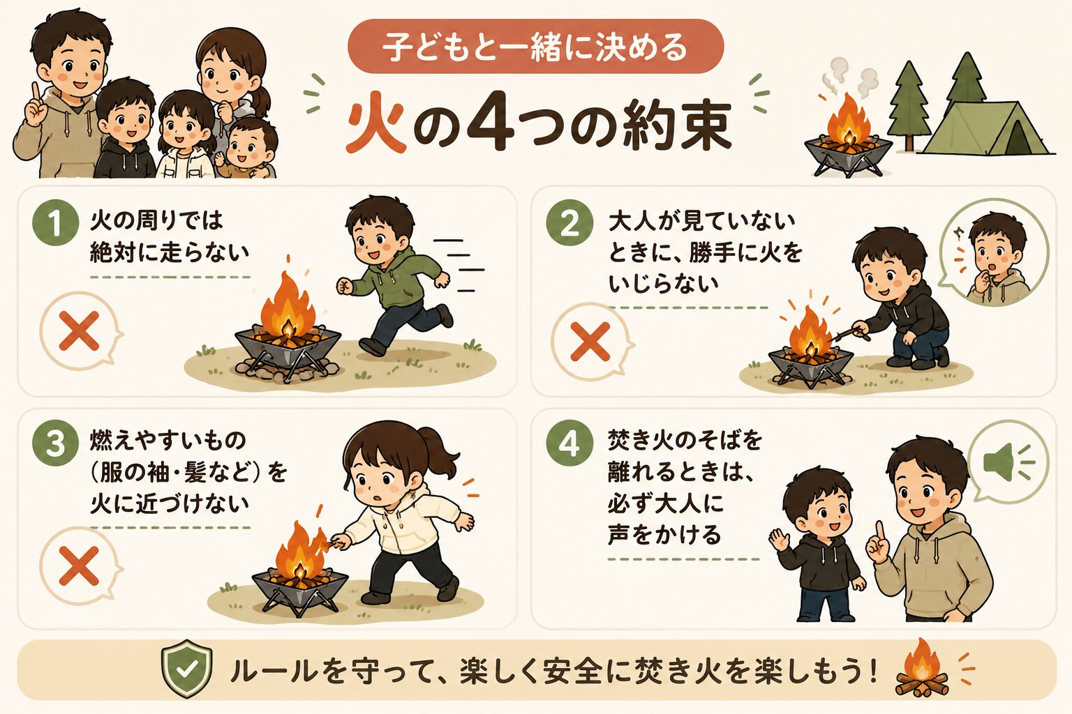子連れファミリーキャンプで守りたい焚き火の4つの約束をまとめた初心者向け図解