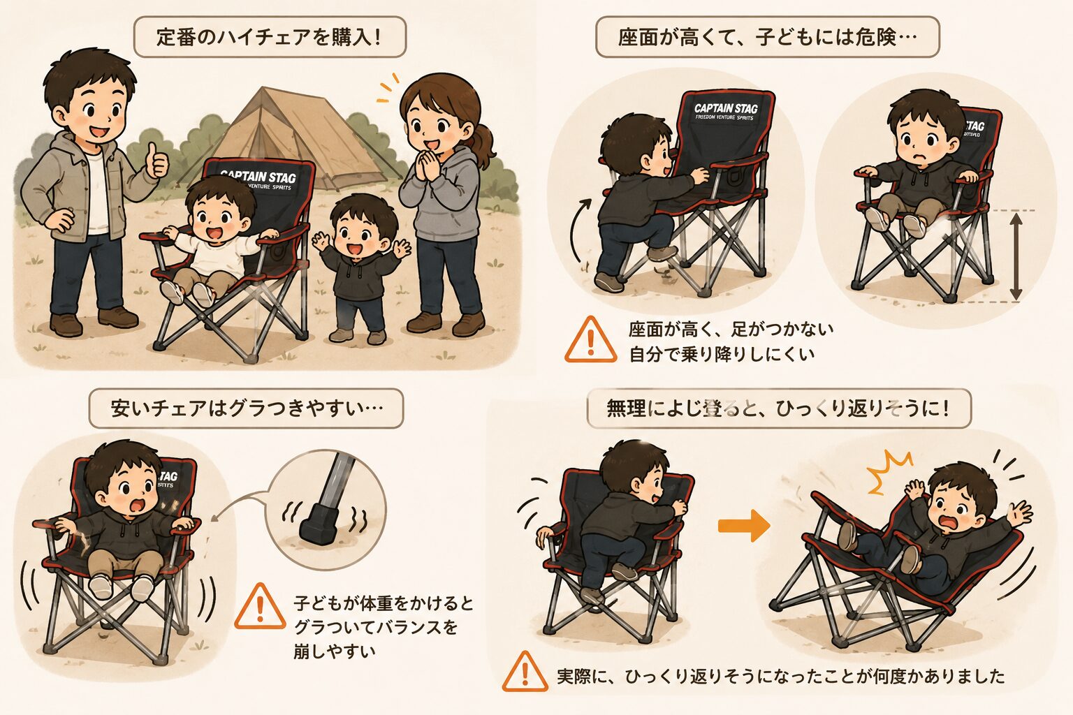 ファミリーキャンプでハイチェアによじ登った幼児が転倒しそうになる様子を示した図解