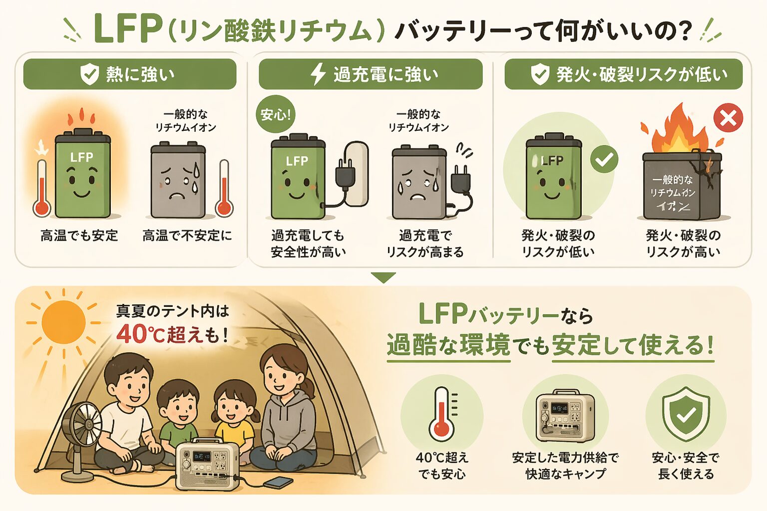 LFPバッテリーの特徴(熱に強い・安全性が高い)を示した図
