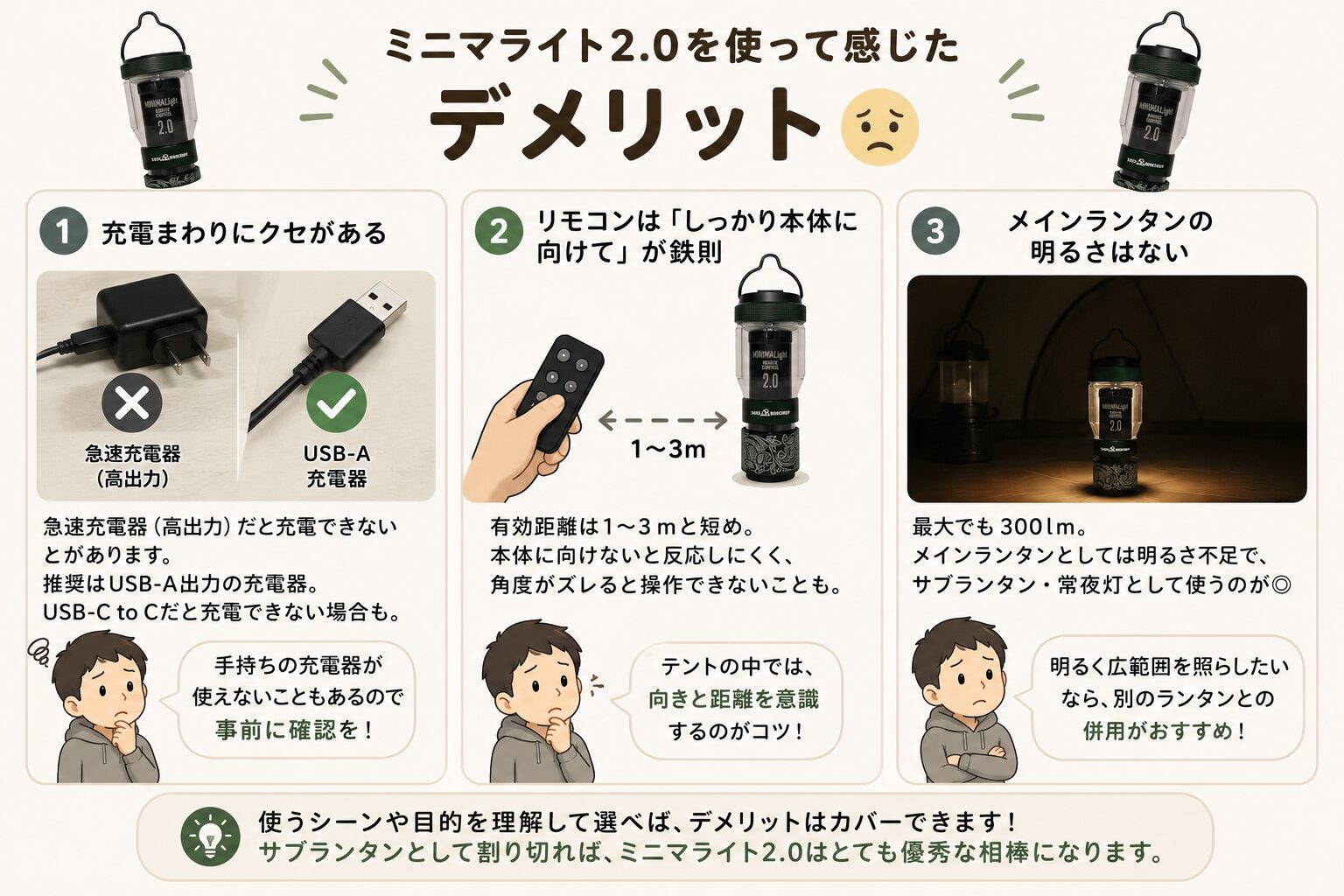 5050WORKSHOP ミニマライト2.0を使って感じた3つのデメリットをまとめた図解（充電の注意点・リモコンの向き・メインランタンには明るさ不足）