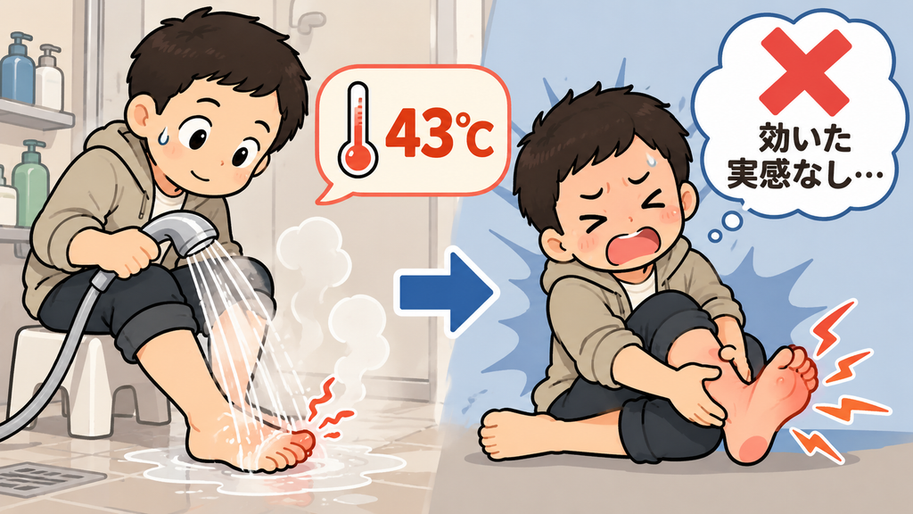 ムカデに噛まれた足を43℃のお湯で温めても痛みが改善しなかった様子