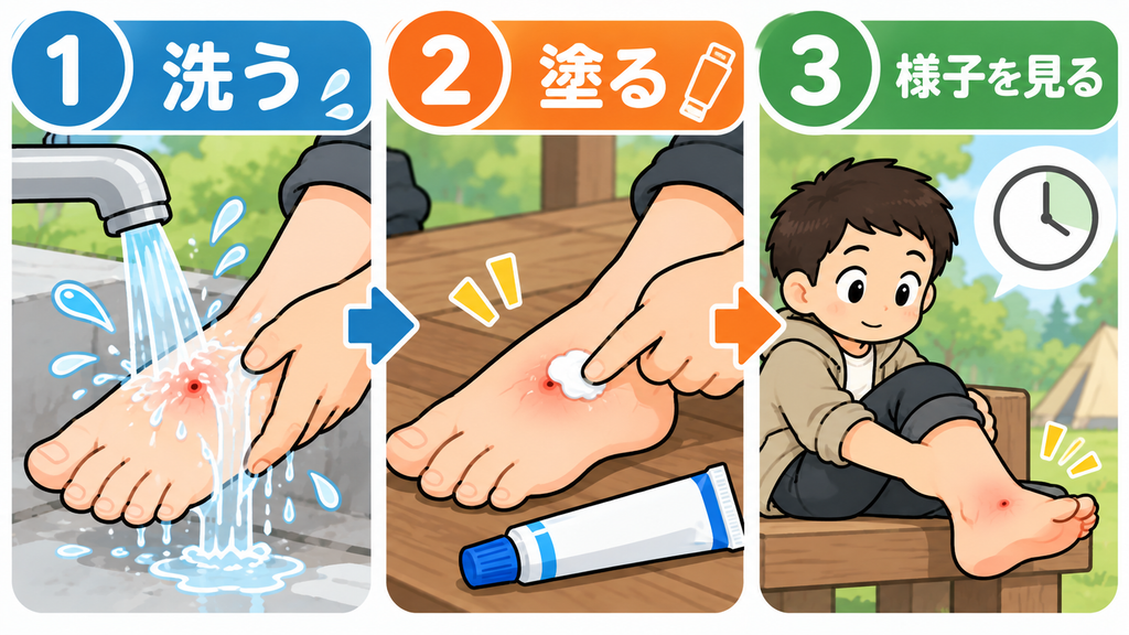 ムカデに噛まれたときの応急処置を洗う・塗る・様子を見るの3ステップで示した図解