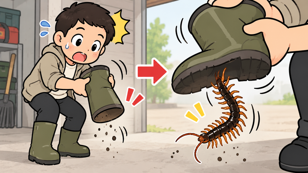 長靴を振ると中から10cmを超えるムカデが出てきた様子