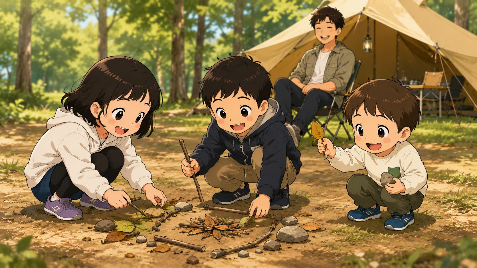 落ち葉や木の枝で工作する子ども