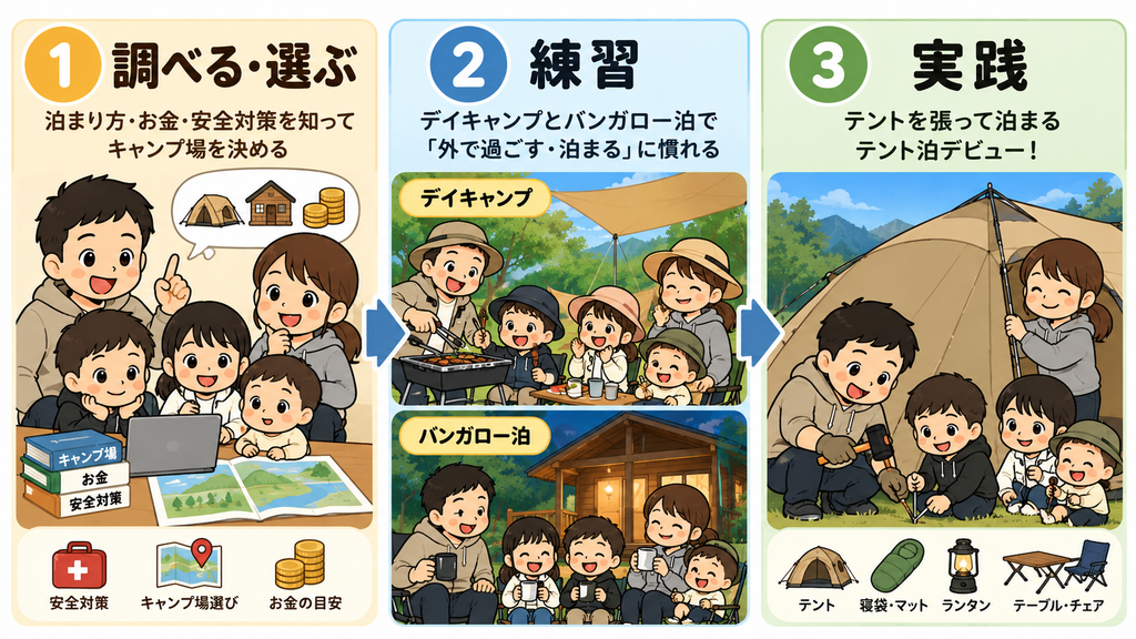 親子キャンプは「調べる・選ぶ→練習→実践」の3ステップで始める