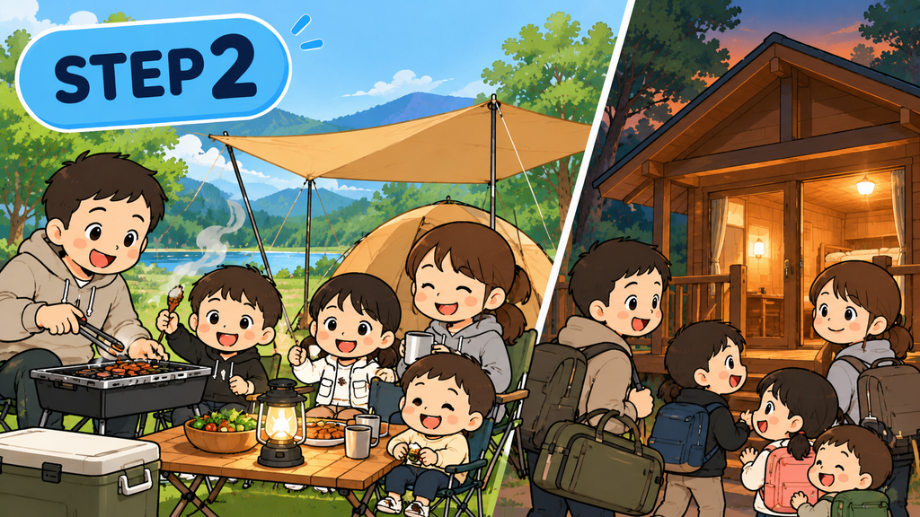 親子キャンプSTEP2|デイキャンプとバンガロー泊で外で過ごす・泊まる練習