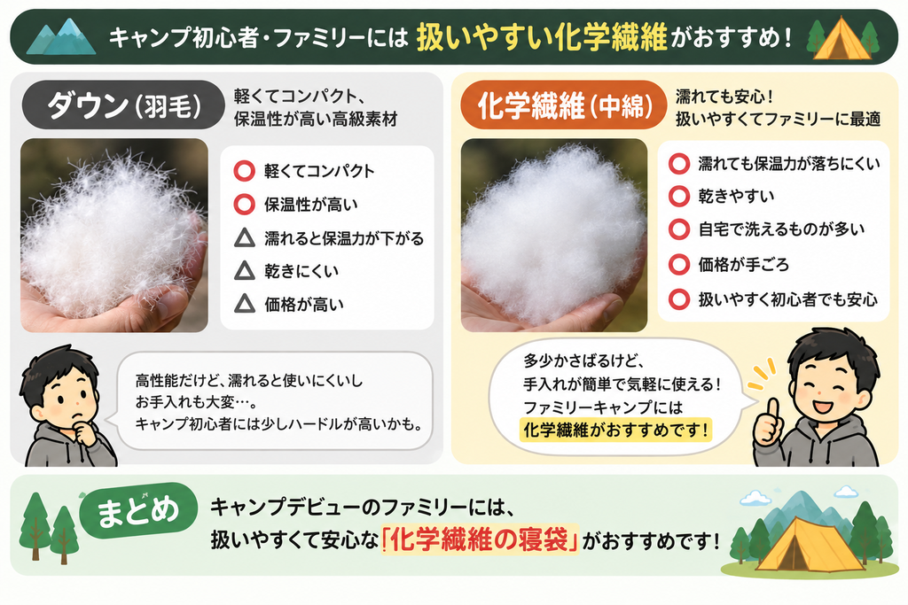 ファミリーキャンプ初心者におすすめの化学繊維の寝袋とダウンの違いを比較した図解