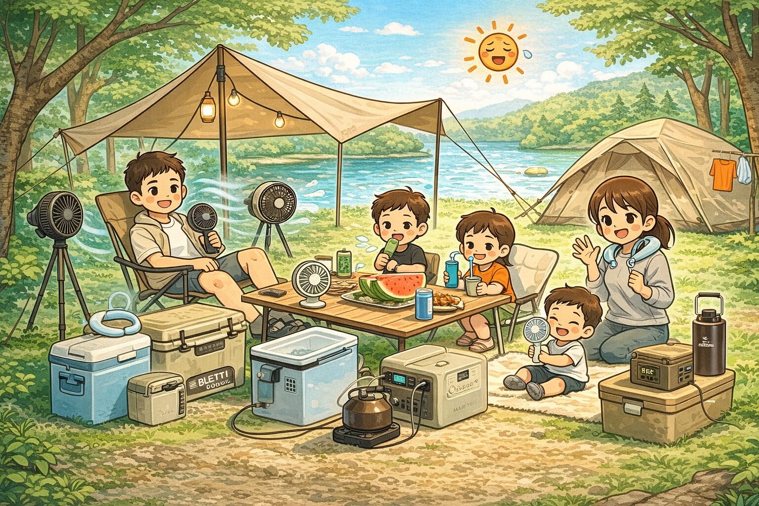 夏キャンプギアを活用してファミリーで楽しむキャンプサイトのイメージ