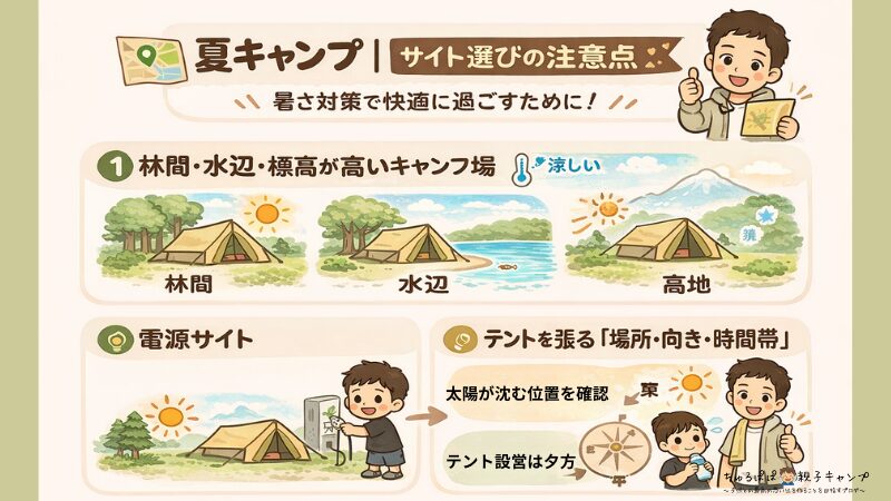 夏キャンプのサイト選び図解|林間・水辺・電源サイト・テントの張り方のポイント