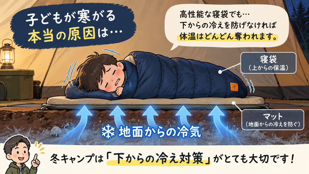 冬キャンプで子どもが寒がる原因と地面からの冷気をマットで防ぐ図解